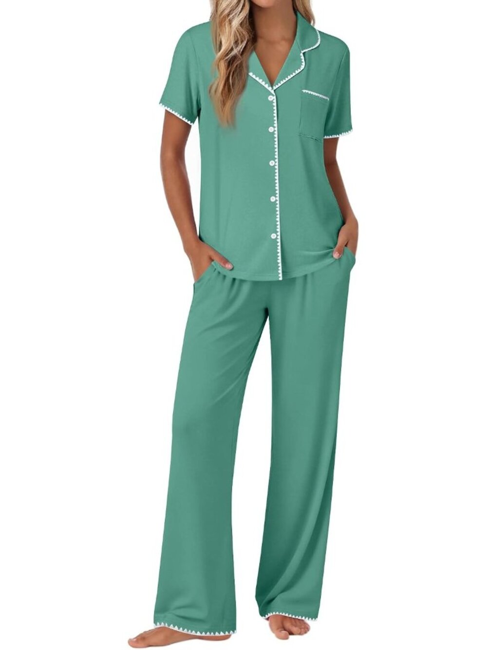 Women Green Gray Short Sleeve Sleepwear Button Up Shirt Pajamas Set 2 Piece